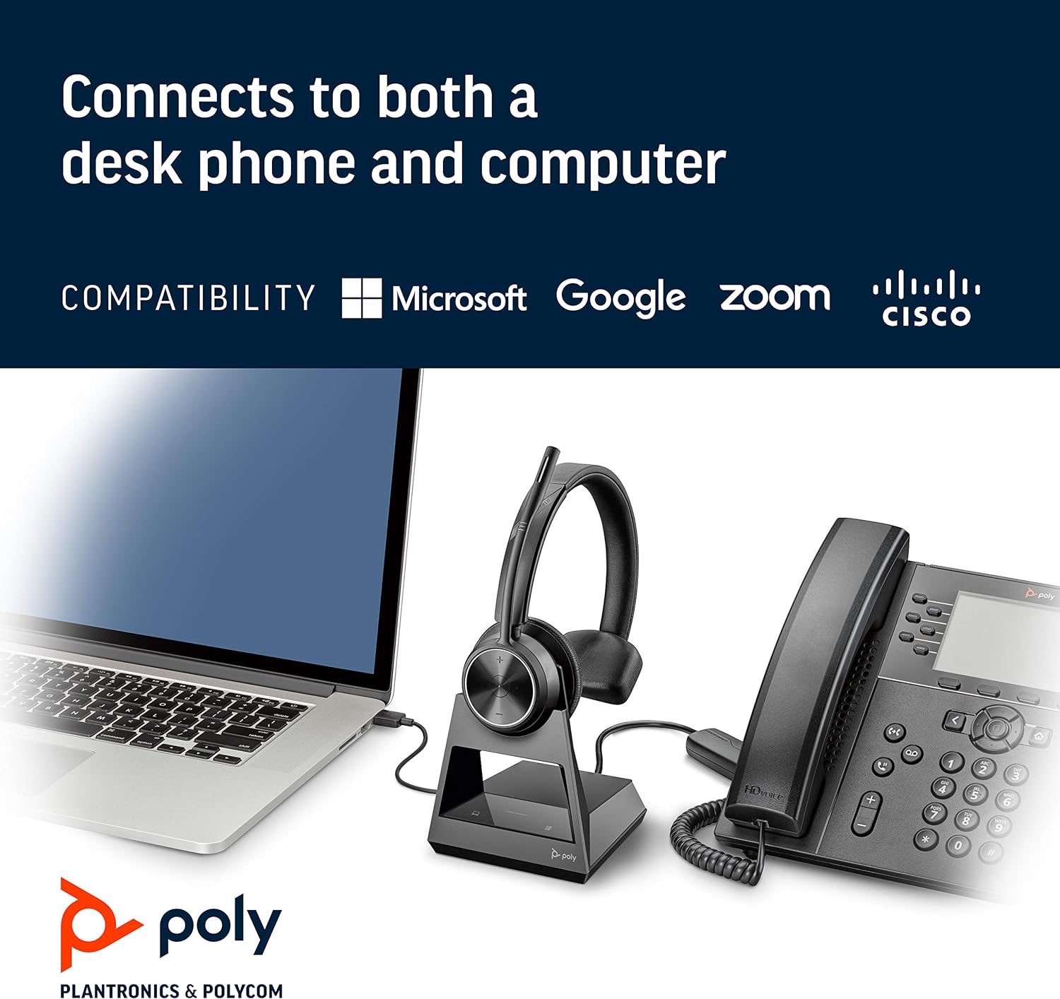 Image depicting the Plantronics Poly Savi 7310 Ultra-Secure Wireless DECT Headset System (214778-01). The wireless headset is connected to both a laptop and a desk phone, showcasing its compatibility with Microsoft, Google, Zoom, and Cisco. The Plantronics logo and name are displayed at the bottom left corner.