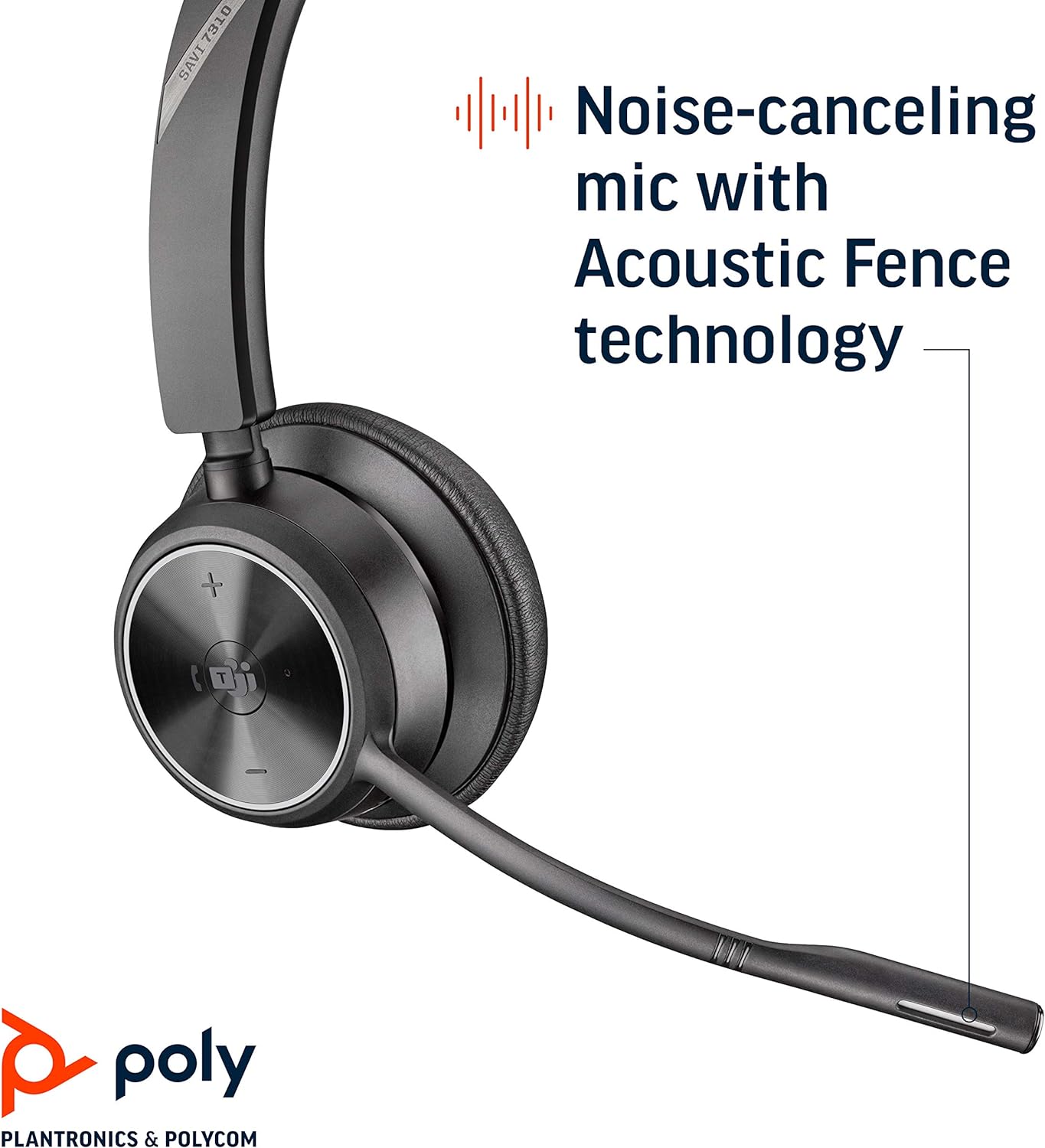 Image of a black Poly Savi 7310-M Ultra-Secure Wireless DECT Headset System, certified for Microsoft Teams. This headset features a noise-canceling microphone and Acoustic Fence technology for clear communication. Branded with the Poly logo at the bottom, this device is part of the Plantronics series, model number 215202-01.