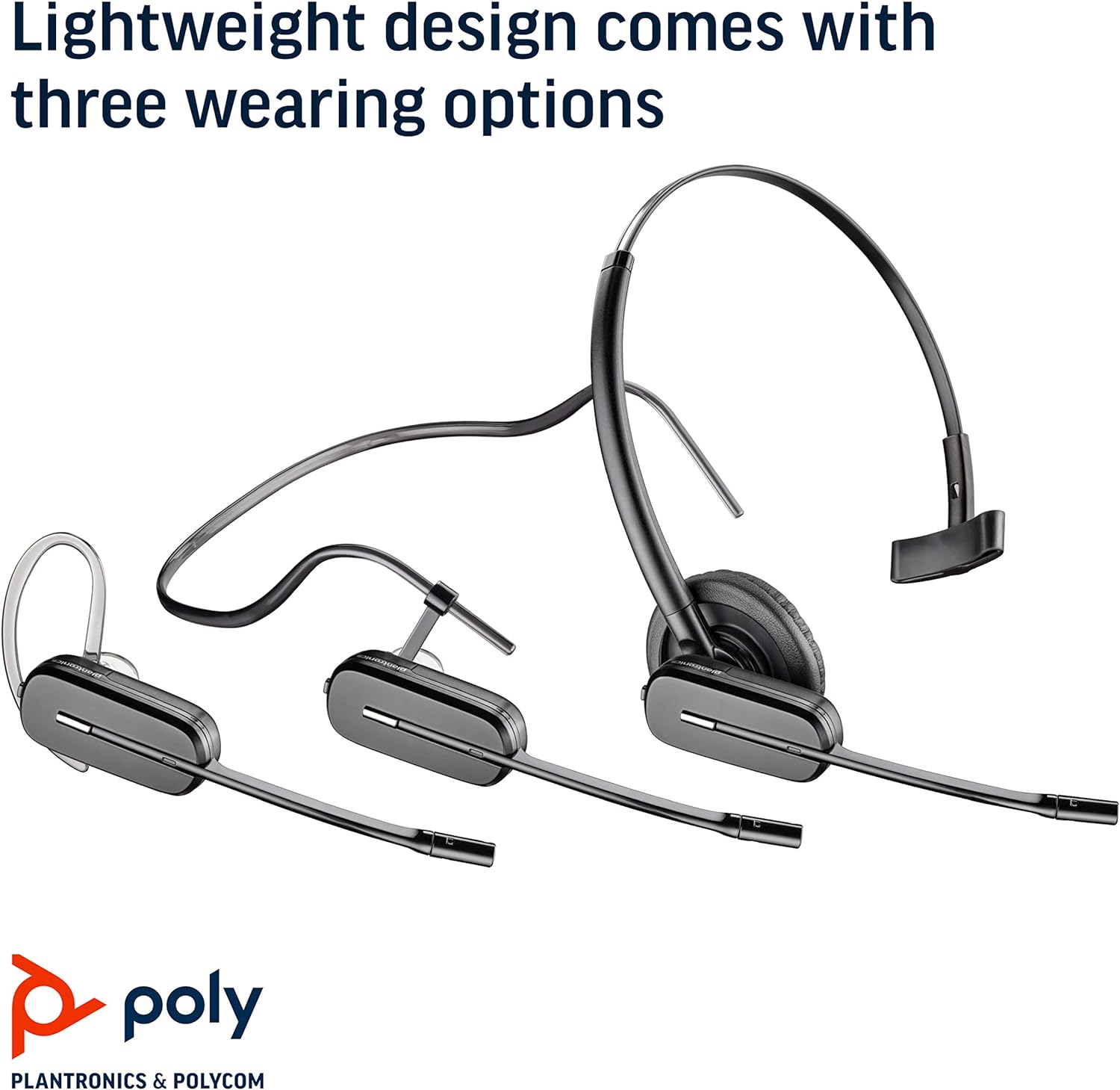 A black Plantronics CS540 XD Wireless Headset by PLANTRONICS is displayed in three configurations: over-the-head, over-the-ear, and behind-the-head. The text at the top reads, "Lightweight design comes with three wearing options," featuring SoundGuard technology. The PLANTRONICS logo is at the bottom.