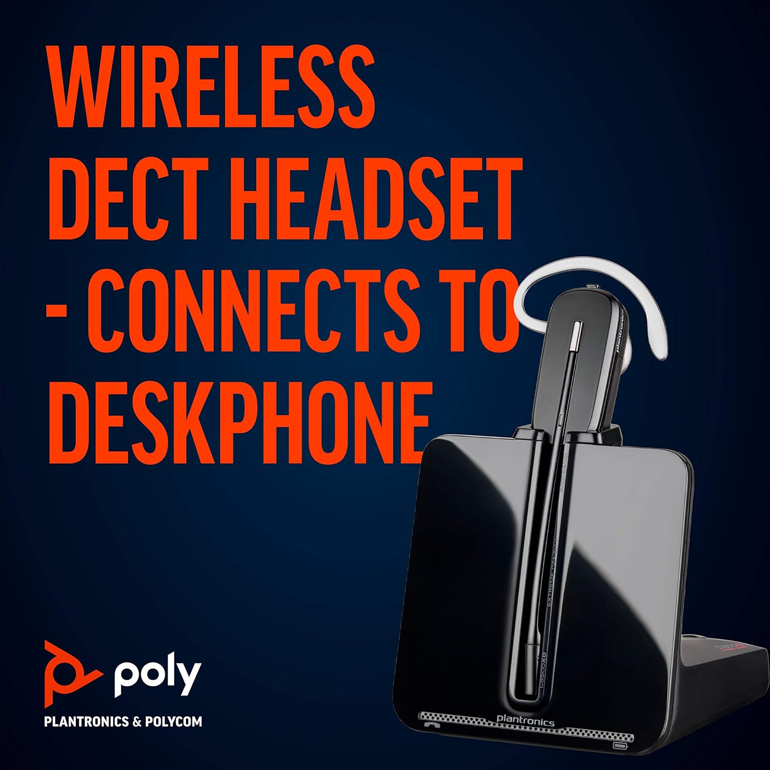 A product image featuring a PLANTRONICS wireless DECT headset with a sleek black design, displayed on its charging base. The text overlay reads 