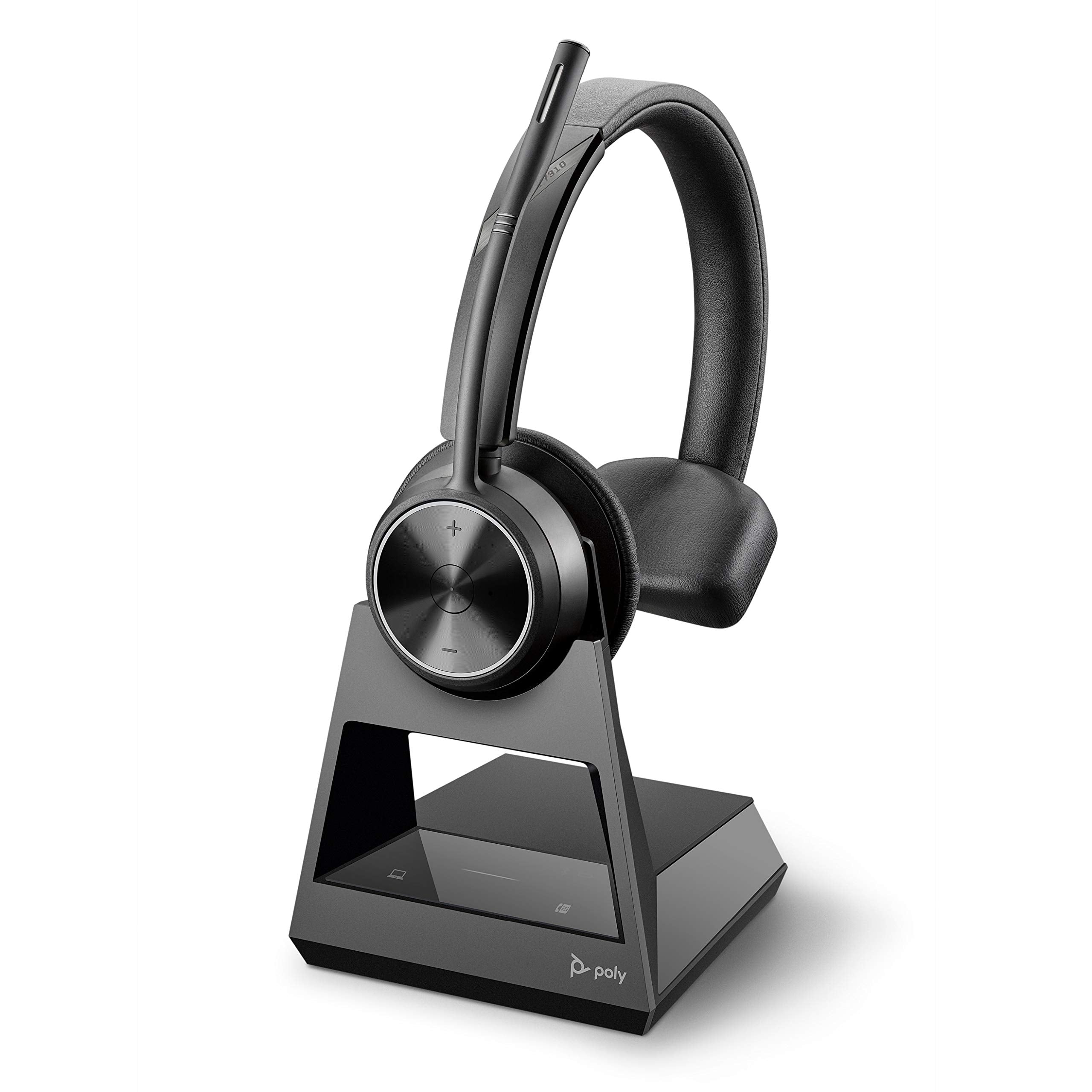 The Plantronics Poly Savi 7310 Ultra-Secure Wireless DECT Headset System (214778-01) features a black wireless headset with cushioned ear pads and a headband. It rests on a sleek triangular charging stand that includes touch-sensitive controls and prominently displays the Poly logo, making it an ideal communication tool.