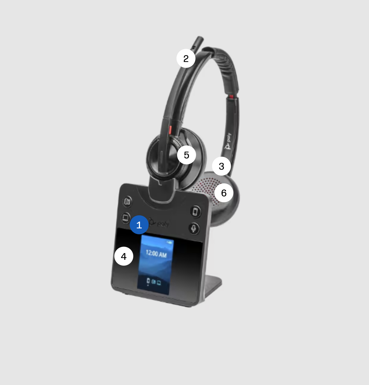 A black Plantronics (Poly) wireless headset with a base unit. The base unit has a digital clock display on it. The headset is placed on top of the base, which has a small screen showing 12:00 AM. The headset features an overhead band and cushioned ear pads.