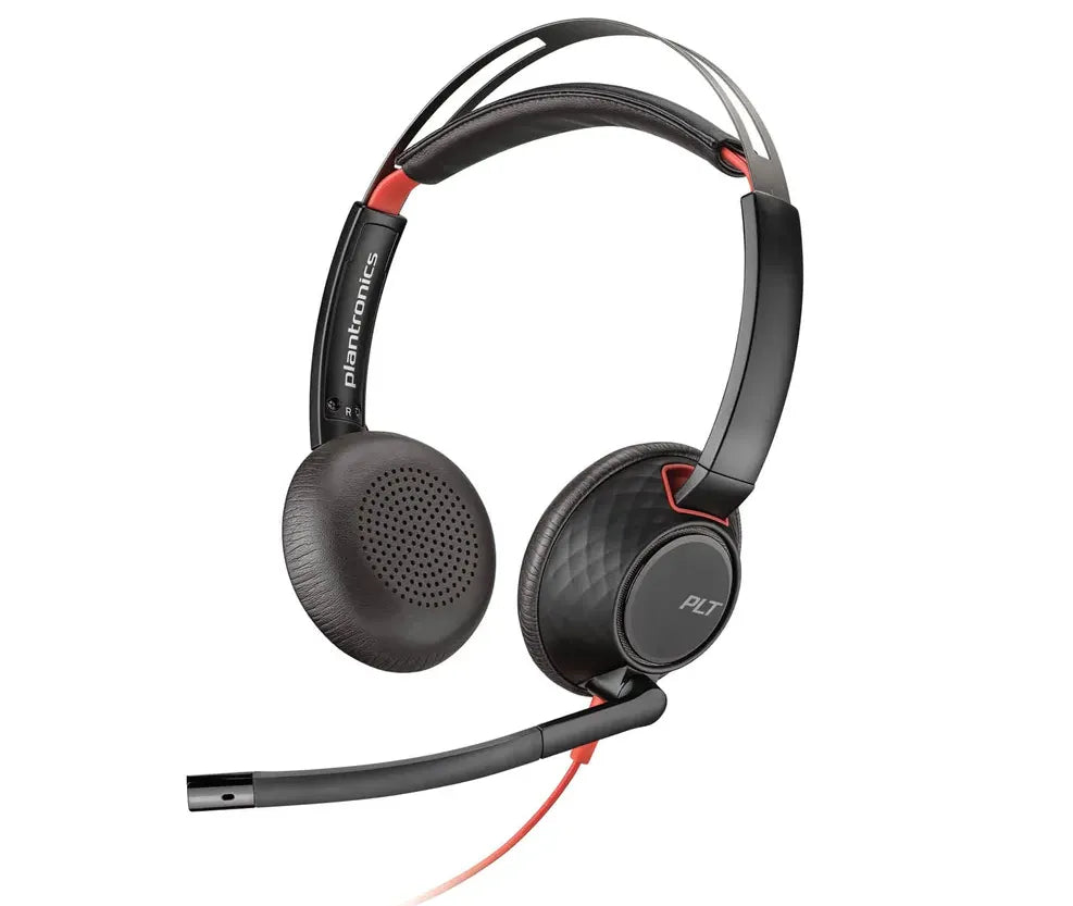 A black and red over-the-head headset with a boom microphone, featuring cushioned ear pads and a lightweight, adjustable headband. The left side has 