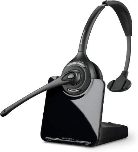 The Plantronics CS510-XD Wireless Mono Headset (88284-01), featuring an over-the-head design, a single ear pad, and a cushioned headband for clear communication, is placed on a matching black stand. The sleek stand supports the black office wireless headset equipped with a noise-canceling microphone and offering a range of up to 350 ft when not in use.