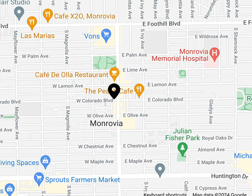 A map shows a section of Monrovia, highlighting various locations such as Café X2O, La Marías, Vons, Café De Olla Restaurant, The Peach Cafe, Monrovia Memorial Hospital, Living Spaces, Sprouts Farmers Market, and Julian Fisher Park. Nearby streets are labeled.