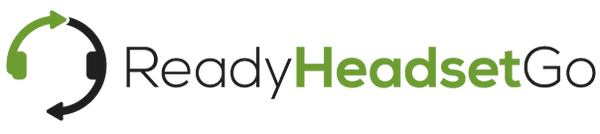 Logo for "Ready Headset Go" featuring the company name in stylized text. The words "Ready" and "Go" are in black, and "Headset" is in green. To the left, there is a circular icon with green arrows and a headset, symbolizing communication and connectivity.