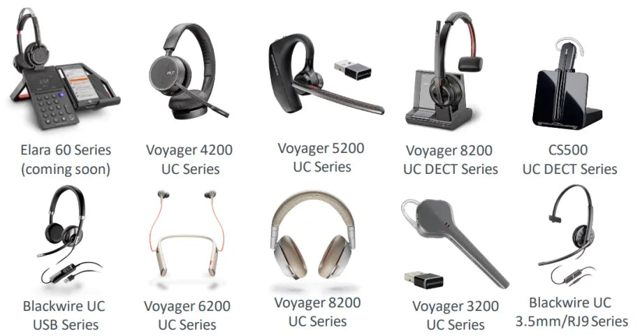 A collage of various headset models and series. Top row: Elara 60 Series, Voyager 4200 UC Series, Voyager 5200 UC Series, Voyager 8200 UC DECT Series, CS500 Series. Bottom row: Blackwire UC USB Series, Voyager 6200 UC Series, Voyager 8200 Series, Voyager 3200 UC Series, Blackwire 3.5mm/RJ9 Series.