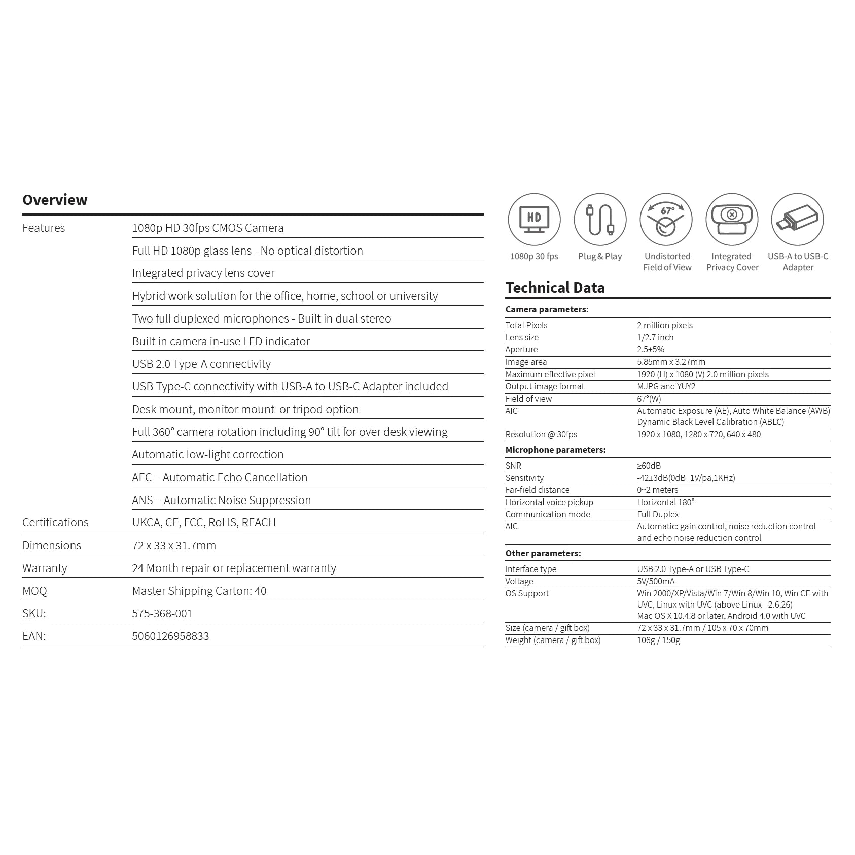 JPL Vision Mini+ Universal 1080p HD 30fps webcam