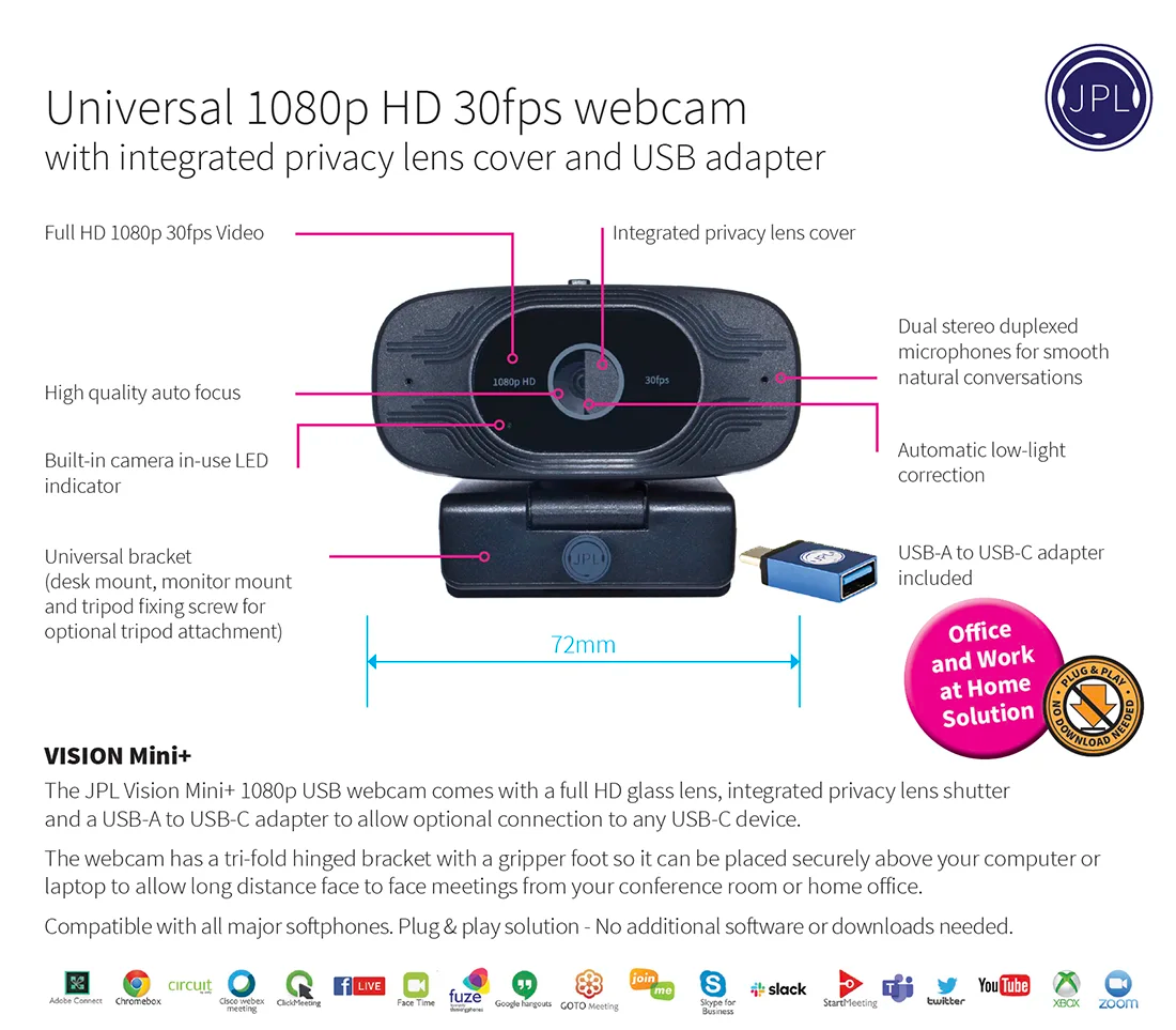JPL Vision Mini+ Universal 1080p HD 30fps webcam